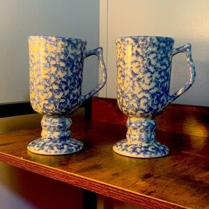 Set Of Vintage Bel-Terr China BTC USA Blue Spongeware Pottery Footed Coffee Mugs